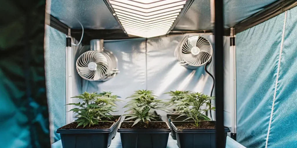 Young cannabis plants growing in pots inside a reflective grow tent with ventilation fans.