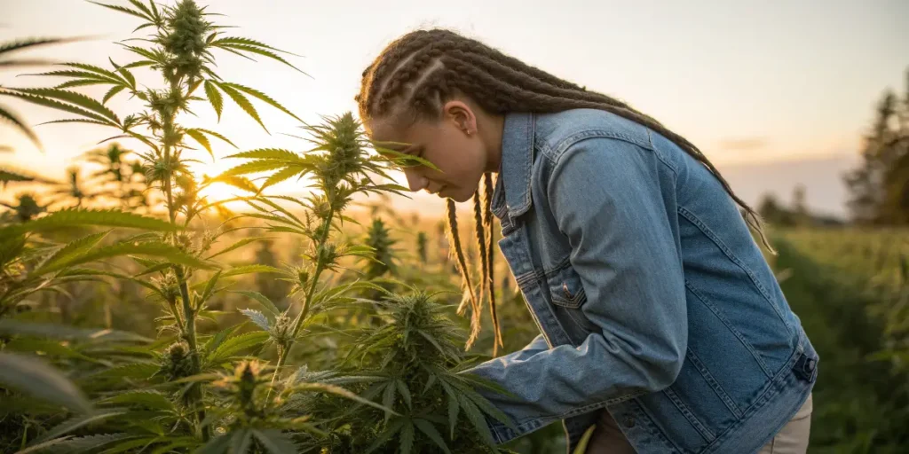 Young woman examining cannabis plants in a field at sunset.
