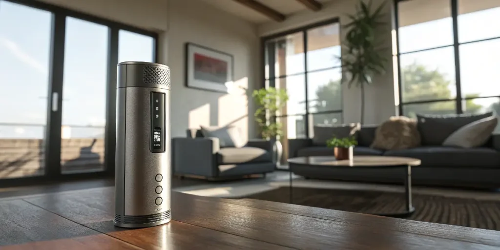 High-end metallic convection vaporizer with digital display placed on a wooden table inside a modern home.