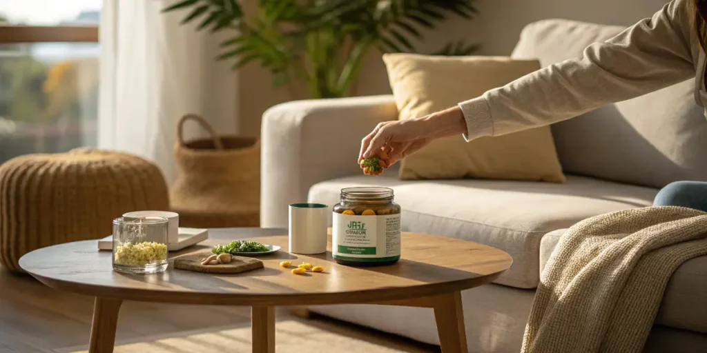 Assorted CBD gummies in a glass bowl on a wooden table surrounded by natural decor.