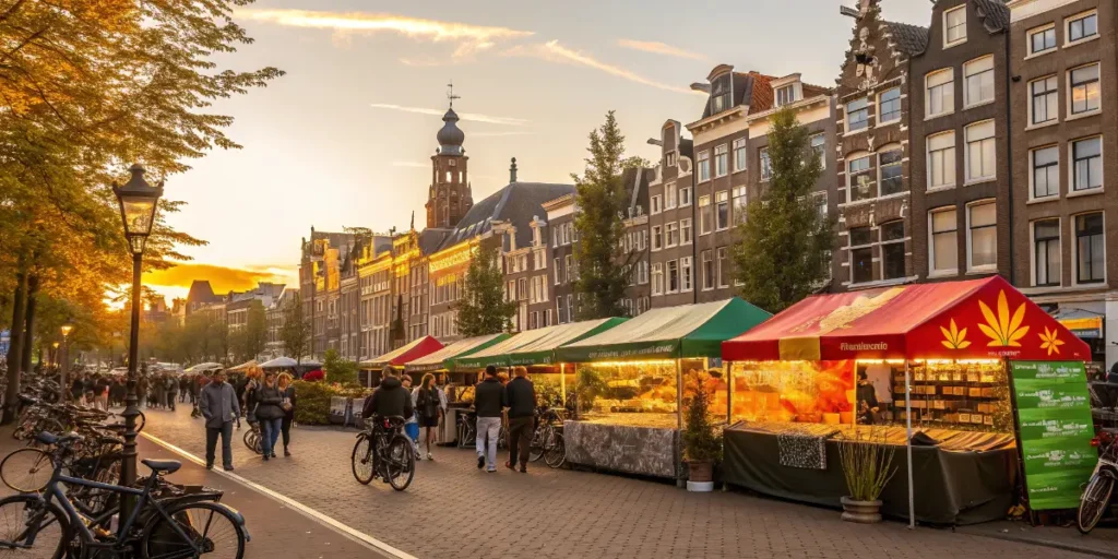 Amsterdam street market at sunset with colorful stalls and cannabis-themed designs showing Best Weed-Friendly Countries.