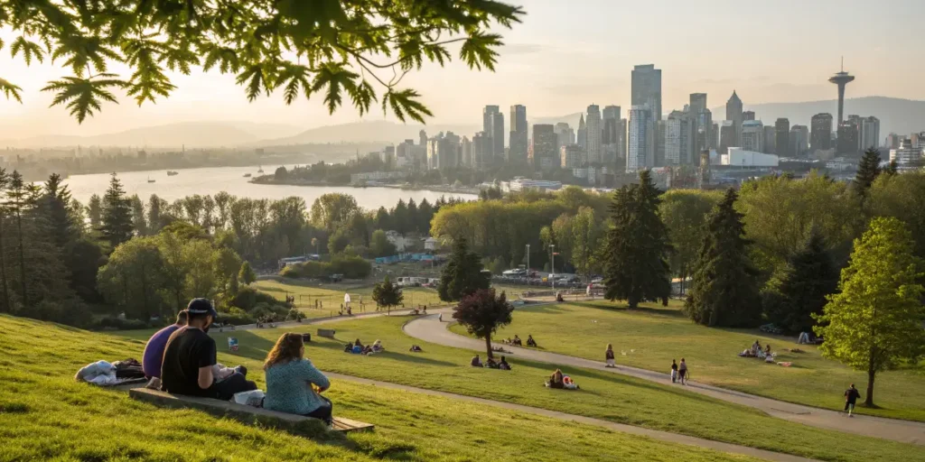 People relaxing in a sunny Vancouver park overlooking the skyline, illustrating Best Weed-Friendly Countries.
