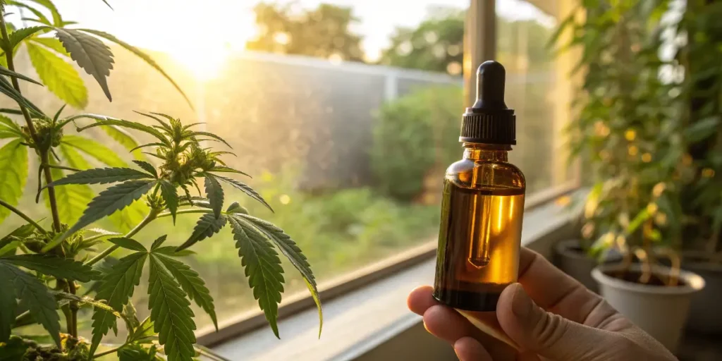 CBD Tinctures bottle glowing in sunlight next to green cannabis leaves.