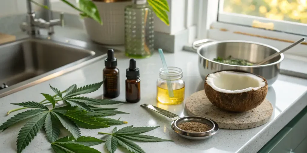 CBD Tinctures ingredients on a kitchen counter with cannabis leaves and oil.