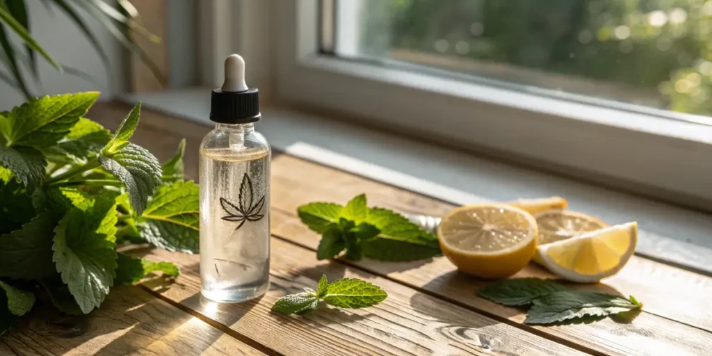 CBD WATER bottle on a wooden table with lemon slices and fresh mint.