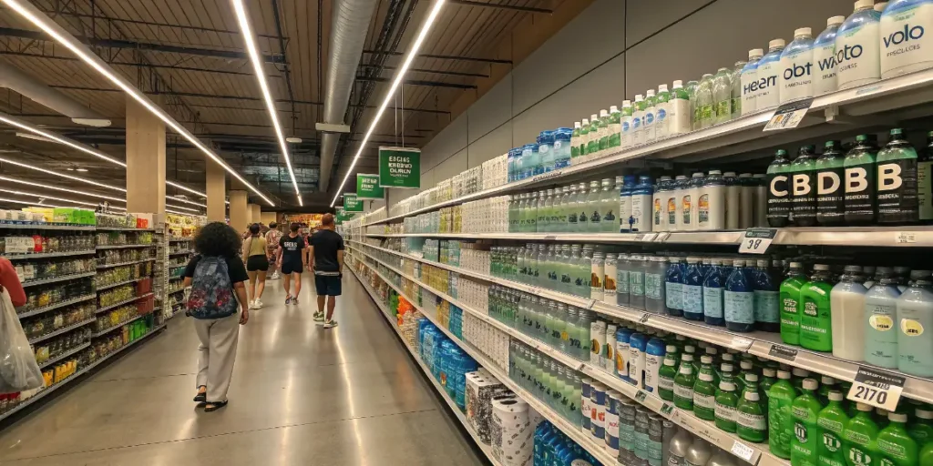 Shoppers walking past CBD WATER and other bottled drinks in a grocery aisle.