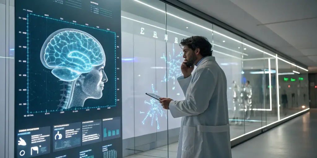 Scientist analyzing a digital brain scan display while researching CBD and brain health.