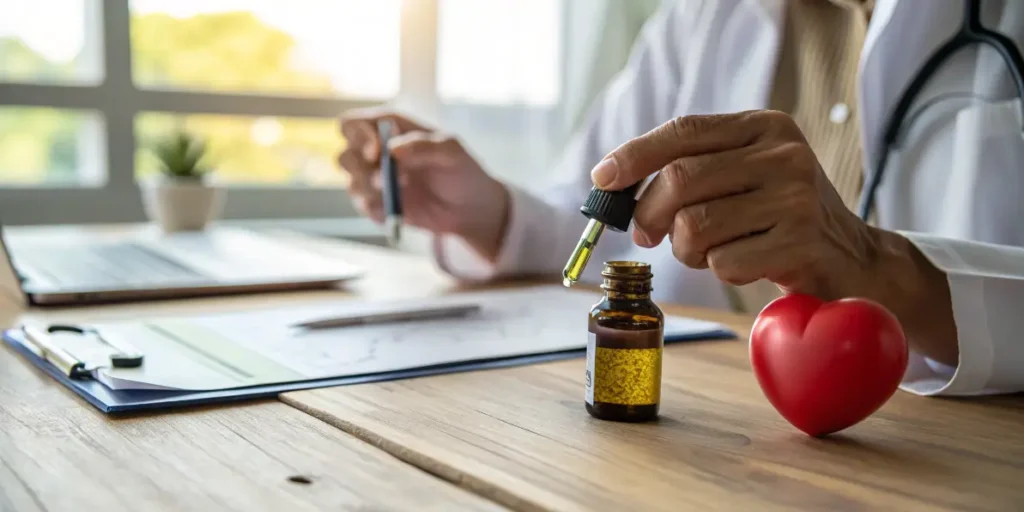 Doctor using CBD and Cardiovascular Disease oil with a dropper beside a red heart model on a wooden desk.