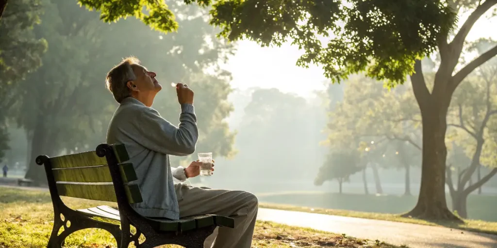 Doctor using CBD and Cardiovascular Disease oil with a dropper beside a red heart model on a wooden desk.