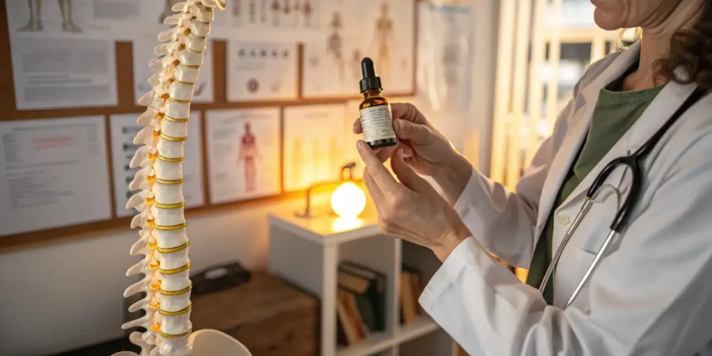 Doctor examining a CBD oil bottle beside a spine model, highlighting CBD and Degenerative Disc Disease treatment guidance.