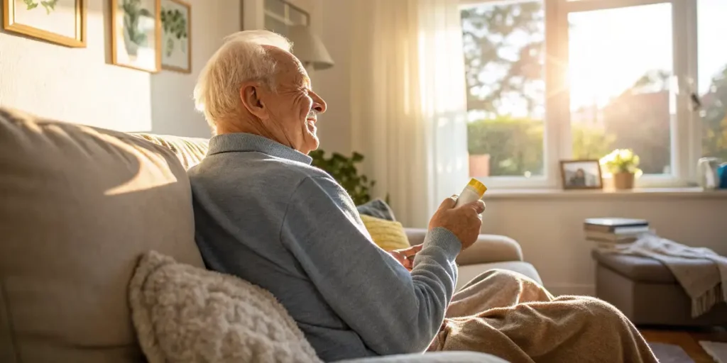 Senior man relaxing on a sofa while holding a CBD bottle, illustrating CBD and Degenerative Disc Disease pain-relief support.
