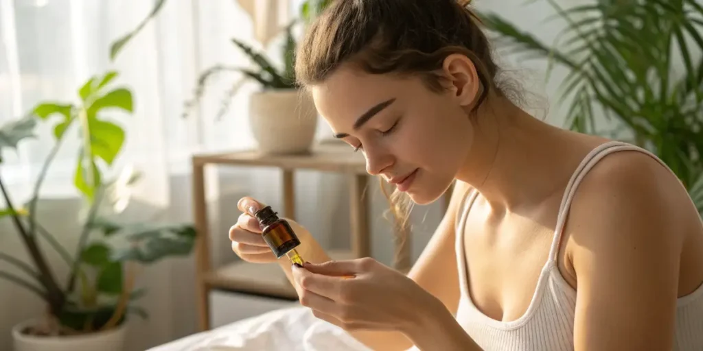 Woman examining CBD and Hormonal Balance tincture while relaxing indoors among plants.
