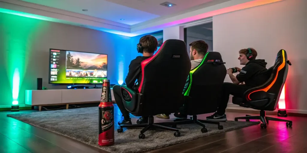 Friends gaming in RGB chairs while discussing CBD and eSports in a colorful living room.