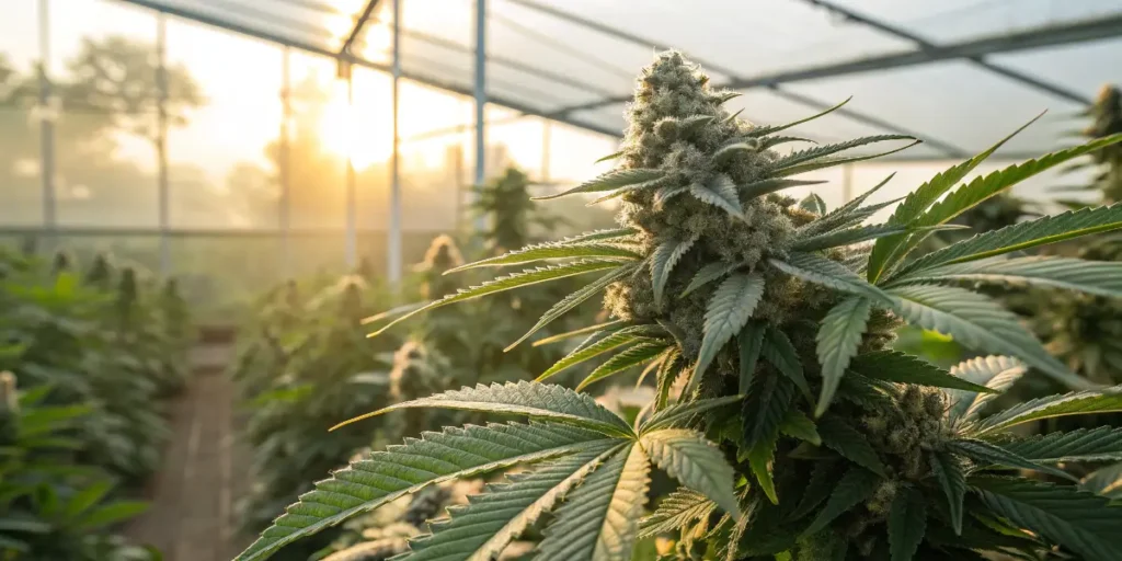 Mature greenhouse-grown cannabis plant high in cannabigerol (CBG)