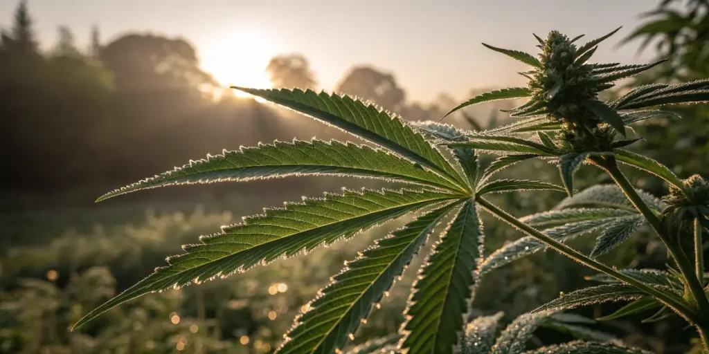 Close-up of a cannabis leaf at sunrise rich in cannabigerol (CBG)
