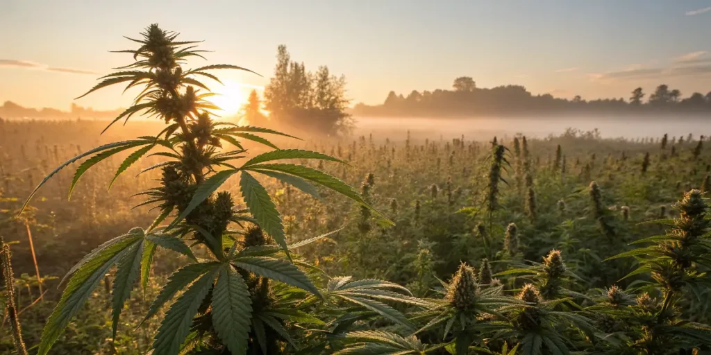Flowering cannabis plant near greenhouse window at sunrise, emphasizing growth conditions linked to cannabis endophytes.