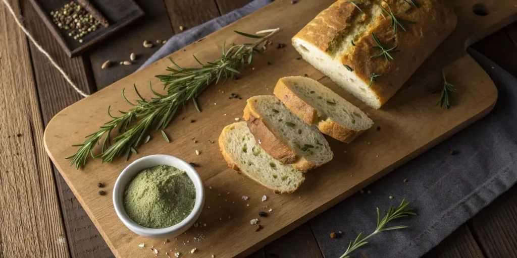 Sliced rustic bread with rosemary and cannabis flour surrounded by herbs and spices.