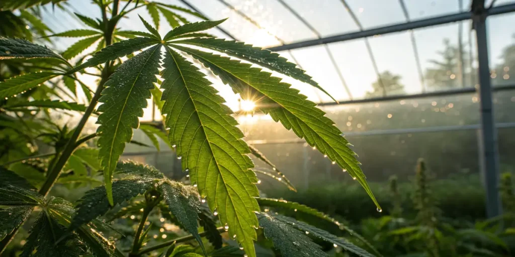 Greenhouse cannabis leaf illuminated by sunrise with visible dew drops