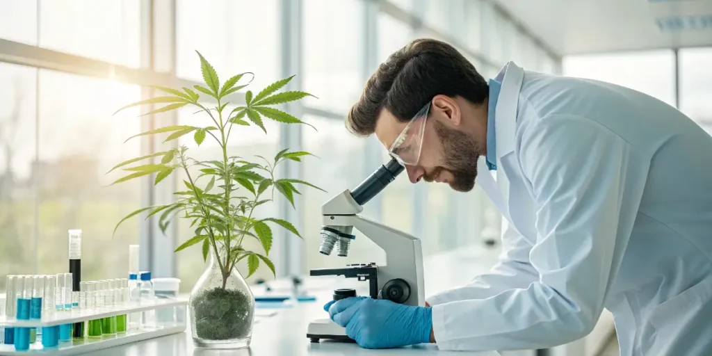 scientist analyzing cannabis plant under microscope in modern laboratory