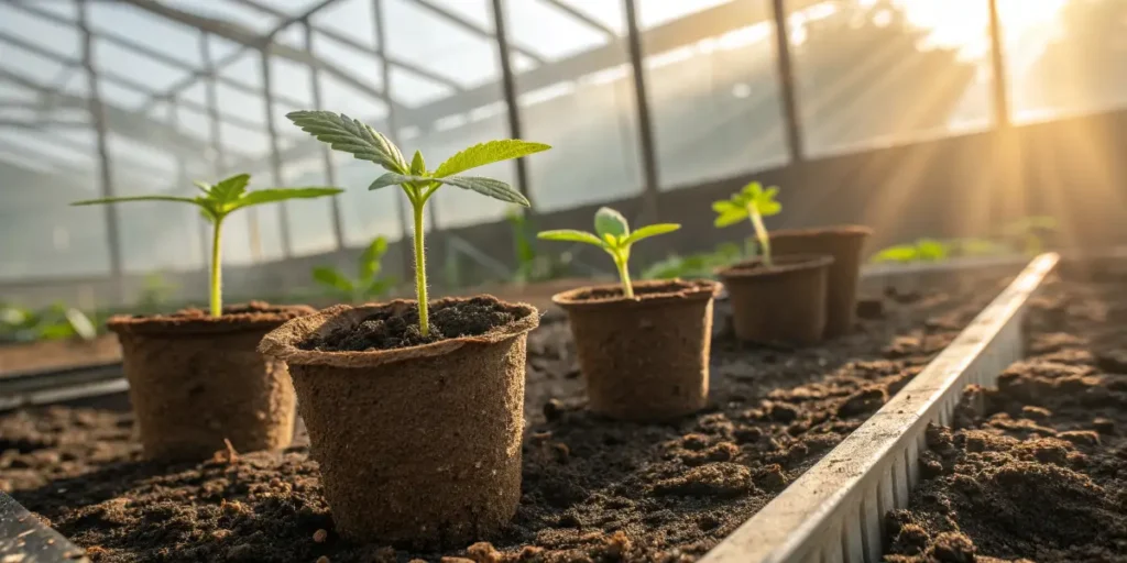 young cannabis seedlings sprouting from biodegradable pots in a greenhouse