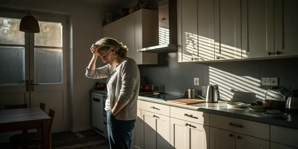 Stressed woman standing in a dim kitchen, highlighting anxiety as one of the cannabis side effects.