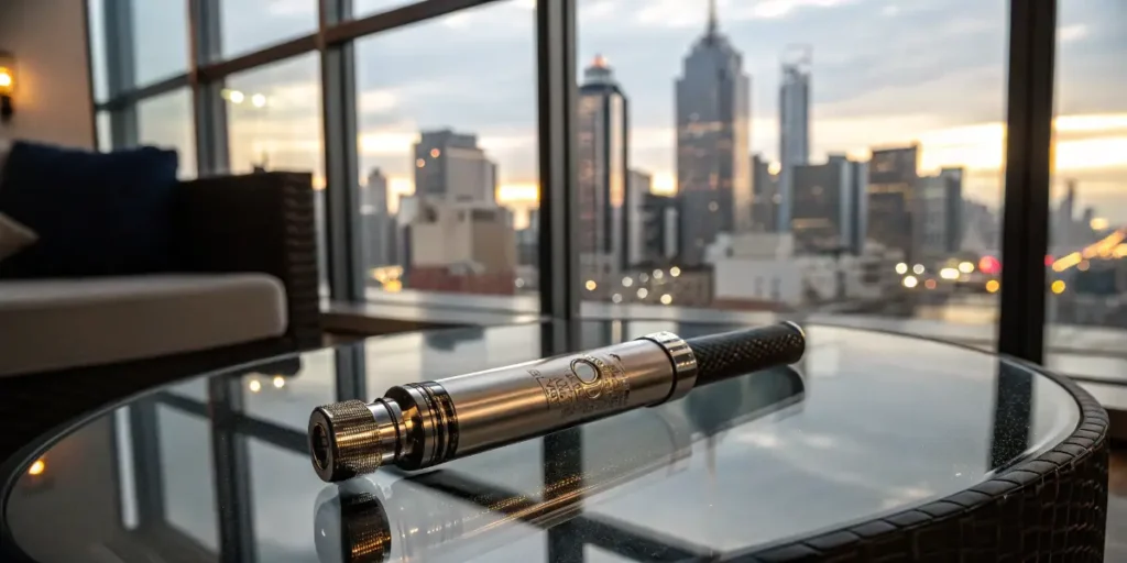 Cannabis Vaporizers vs Vape Pens illustrated with a sleek vape pen resting on a glass table facing a city skyline.