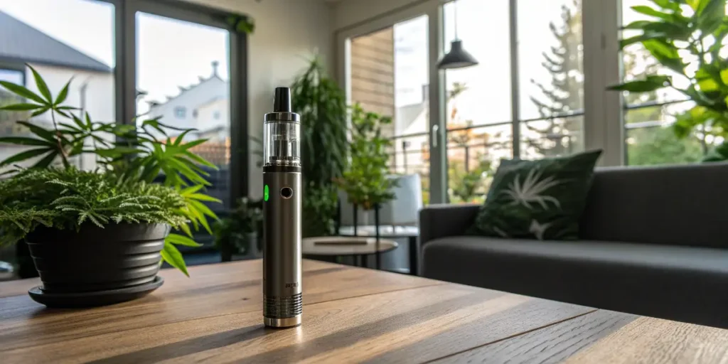 Cannabis Vaporizers vs Vape Pens shown by a tall vaporizer standing on a wooden table in a plant-filled living room.