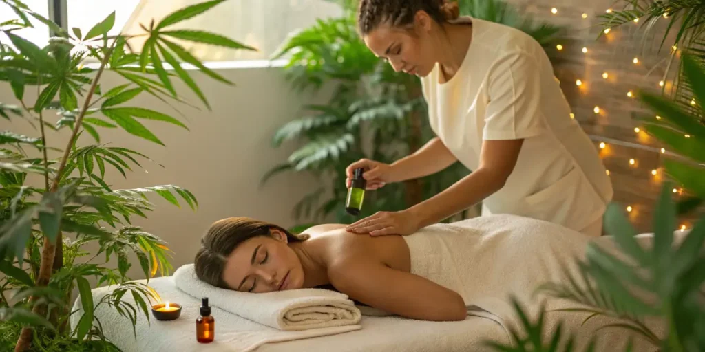 Therapist giving a relaxing massage amid tropical plants, reflecting Cannabis Lead the Wellness Industry.