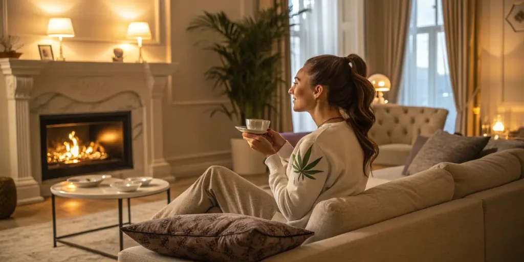Woman enjoying tea by the fireplace, embracing Cannabis Lead the Wellness Industry with a calm, cozy atmosphere.