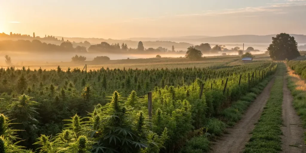 Dawn light over a large hemp field, illustrating natural sources used in Cannabis and Fibromyalgia Treatment.