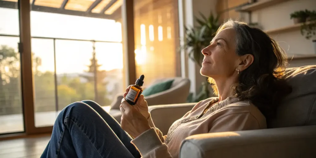 Woman relaxing at home with a CBD tincture, reflecting the calming role of Cannabis and Fibromyalgia Treatment.