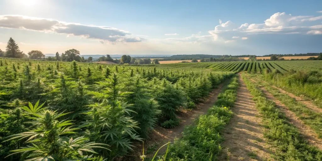 wide view of a large cannabis plantation on a sunny afternoon with rows of plants and open countryside