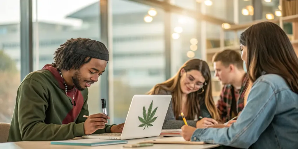 Group of college students studying together with a laptop featuring a cannabis leaf sticker