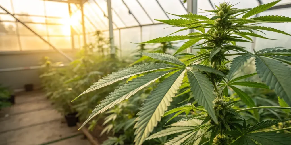 Cannabis plant with wide leaves and maturing buds glowing in greenhouse sunlight, highlighting Cannflavins presence.