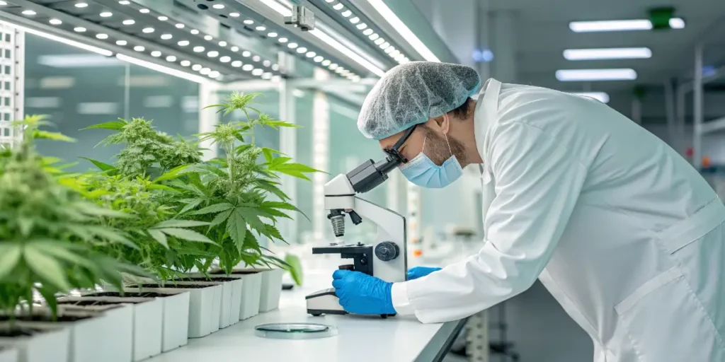 Scientist analyzing cannabis plants under a microscope in a sterile lab, highlighting Cannflavins research.