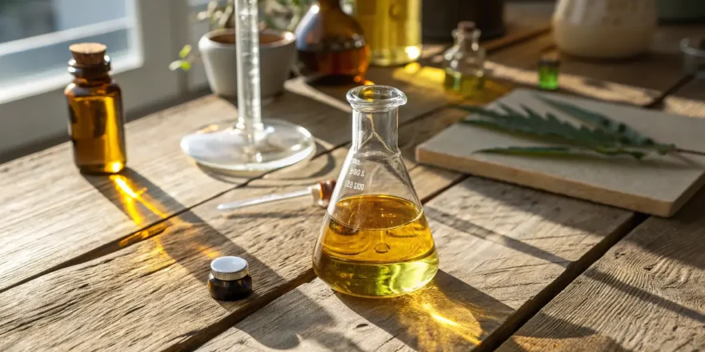 Carene terpene extract in a laboratory beaker on a wooden table under natural light