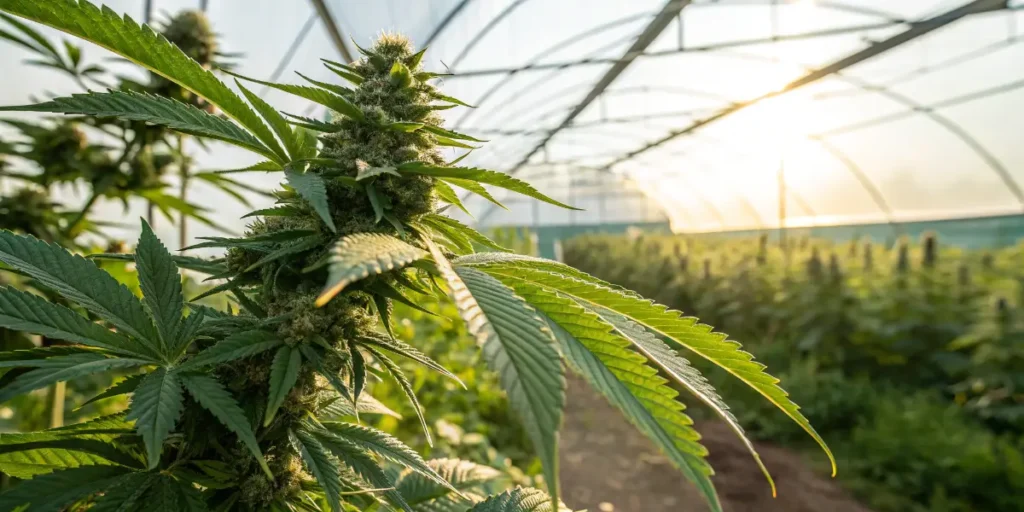 Sunlit cannabis flower displaying trichomes and natural Carene terpene content