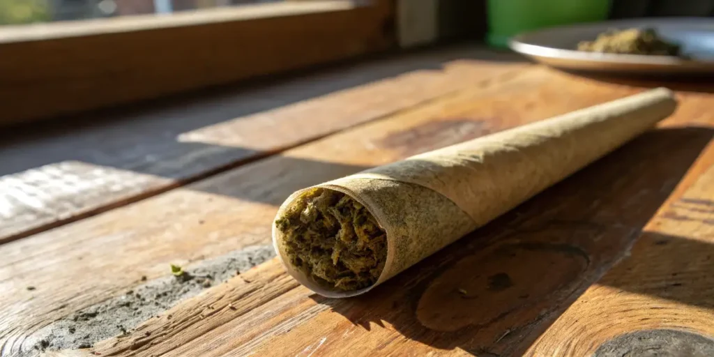 Cavi Cone inside a transparent glass tube with cannabis jars in the background.