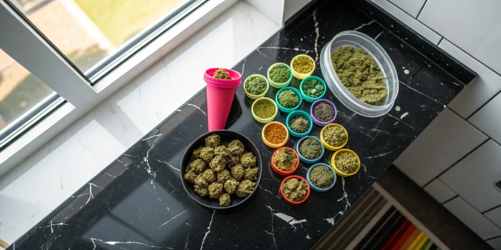 Assorted kief and ground cannabis in colorful containers prepared for making Cavi Cones.