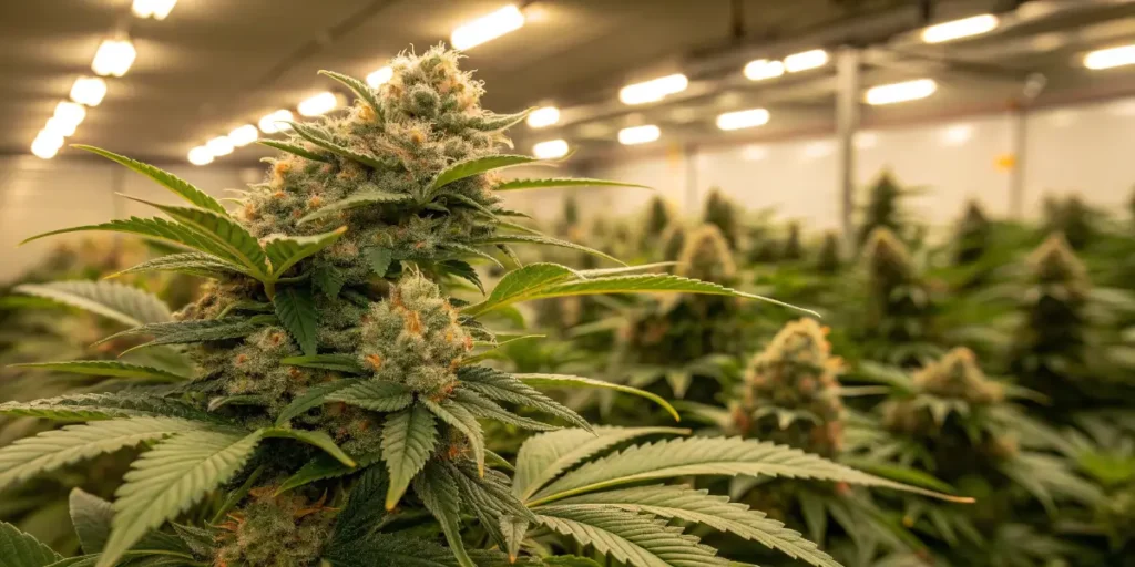 Chemdog #4 cannabis plants with vibrant leaves growing under LED lights in a cultivation space