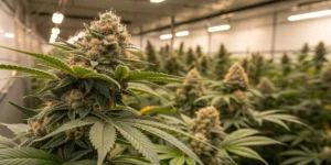 Close-up of Chemdog #4 cannabis buds with dense trichomes in an indoor grow room.