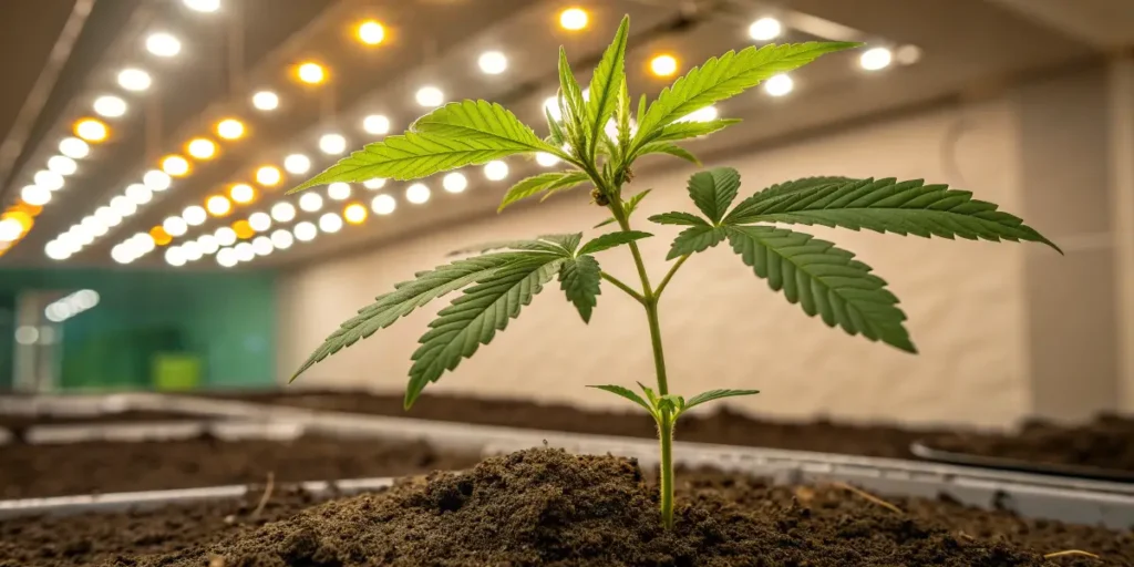 oung Chemdog #4 cannabis plant sprouting from soil in a well-lit indoor setup.