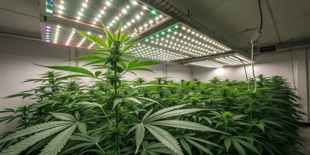 Chemdog plants in vegetative growth, illuminated by LED lights, with strong, expansive foliage