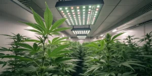 Chemdog seedling growing under LED lights, displaying vibrant green leaves in a controlled indoor environment.