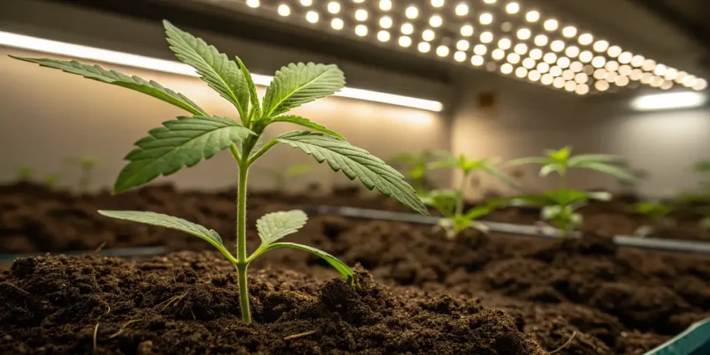 Chemdog seedlings growing indoors under bright LED lights, with healthy green leaves emerging.