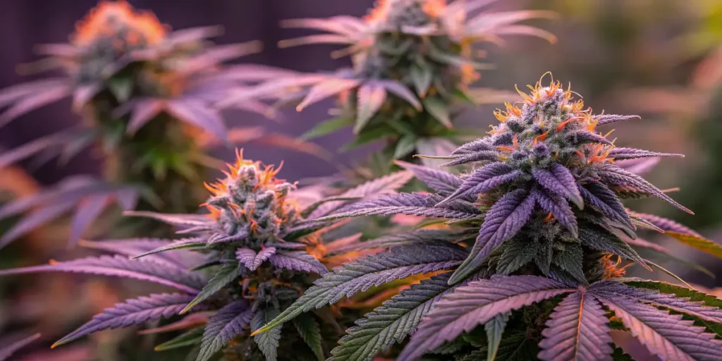 Close-up of Chocolopez cannabis buds with purple tones, highlighting the frosty trichomes and colorful hairs.