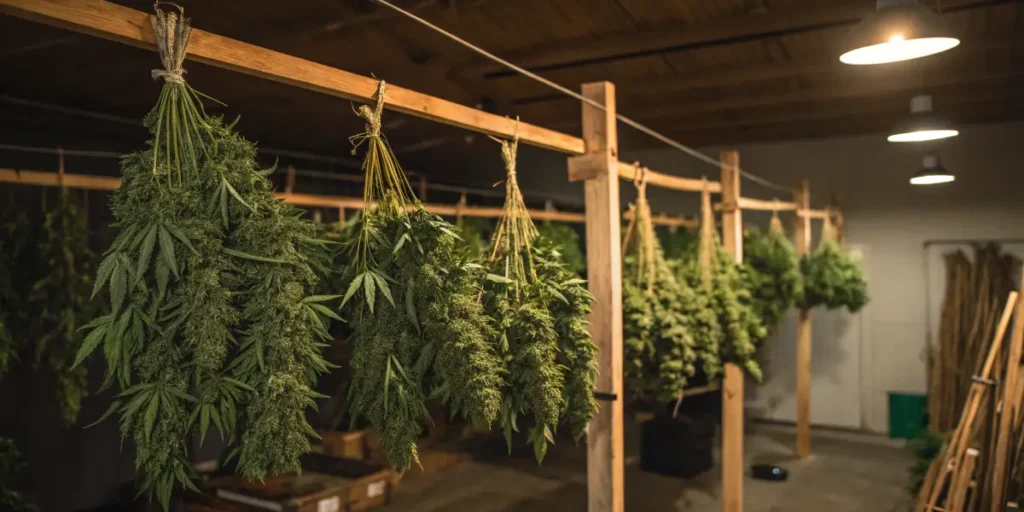 Cannabis Chocolopez buds drying in a controlled space, hanging on ropes under dim lighting.
