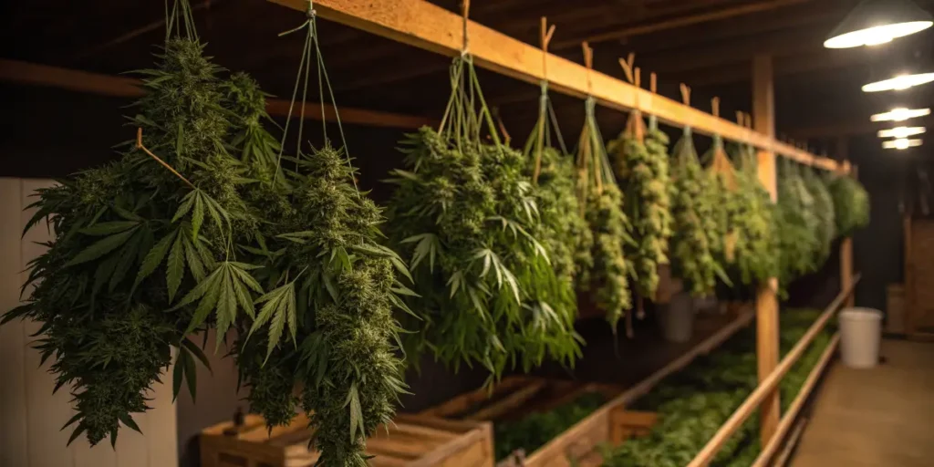 Rows of Chocolopez cannabis buds drying indoors, suspended from wooden racks with ambient lighting.