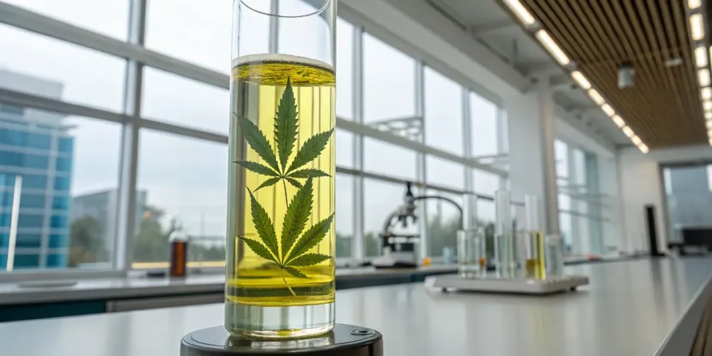 glass chromatography column filled with yellow cannabis extract in a laboratory