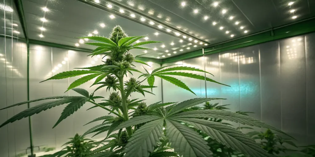 Cinderella Auto cannabis plant growing indoors under LED lights during the flowering stage.